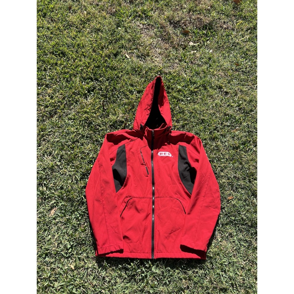 HEB Employee Jacket Mens Large Red Black Hooded Softshell Fleece Lined Zip Work